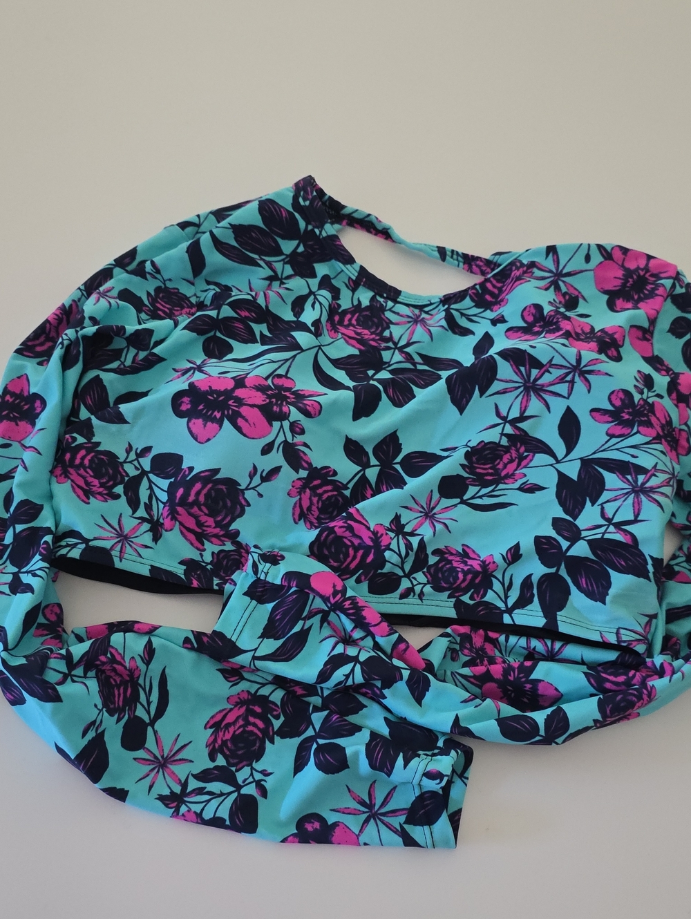Aqua Floral Long Sleeve Swim Crop Top - Pink & Navy Print
